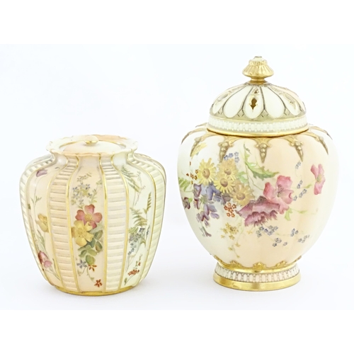 110 - A Royal Worcester blush ivory pot pourri jar / vase and cover of lobed form decorated with flowers a... 