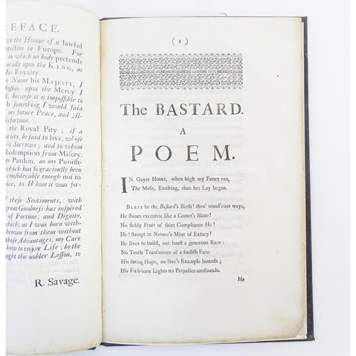 920 - Book: The Bastard - A Poem, by Richard Savage. Printed for T. Worrall, London, 1728