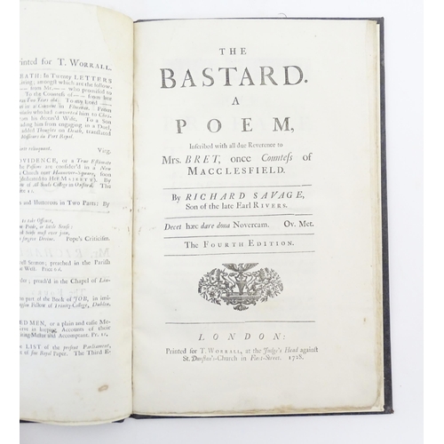 920 - Book: The Bastard - A Poem, by Richard Savage. Printed for T. Worrall, London, 1728