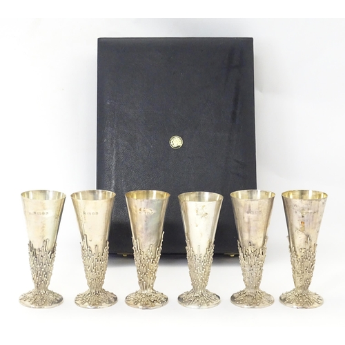 264 - Jocelyn Burton : A cased set of six Elizabeth II Modernist silver goblets / flutes, of conical form ... 