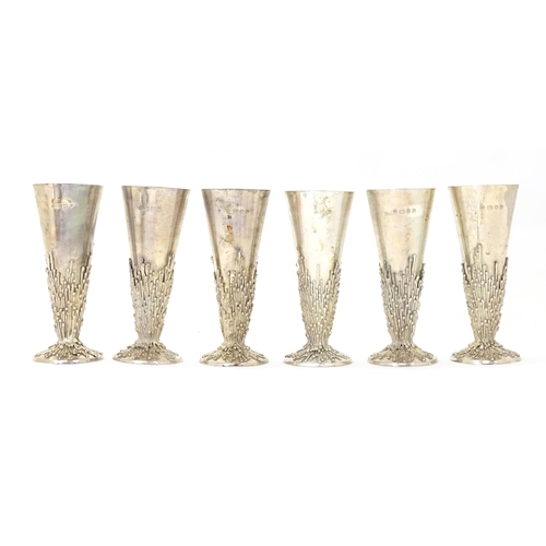 264 - Jocelyn Burton : A cased set of six Elizabeth II Modernist silver goblets / flutes, of conical form ... 