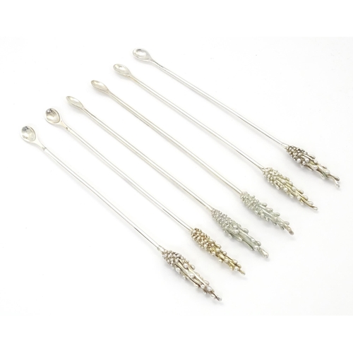 265 - Jocelyn Burton : A matched set of six Elizabeth II Modernist silver cocktail spoons / stirrers, with... 