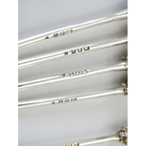 265 - Jocelyn Burton : A matched set of six Elizabeth II Modernist silver cocktail spoons / stirrers, with... 