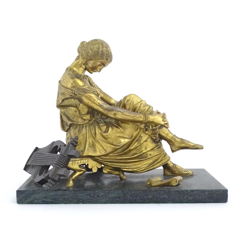 977 - A French cast gilt sculpture depicting the poet Sappho seated with a lyre, after Jean-Jacques (1792-... 