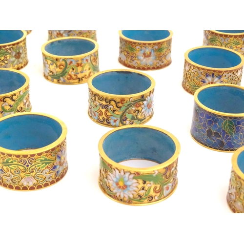 1005 - A quantity of assorted Chinese enamel / cloisonne napkin rings with floral and foliate decoration (2... 