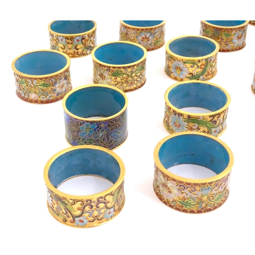 1005 - A quantity of assorted Chinese enamel / cloisonne napkin rings with floral and foliate decoration (2... 