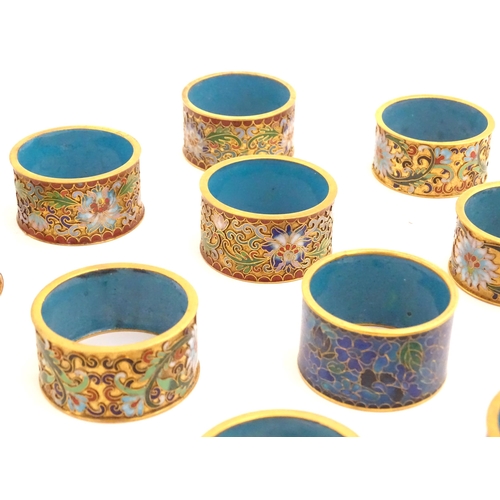 1005 - A quantity of assorted Chinese enamel / cloisonne napkin rings with floral and foliate decoration (2... 