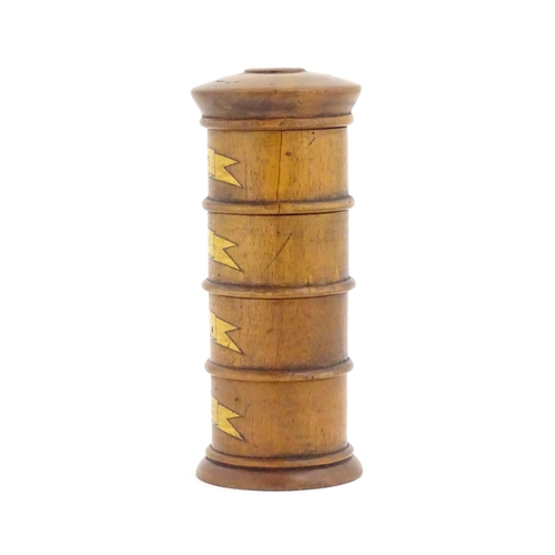 1058 - A four tier treen spice tower labelled Cloves, Ginger, Mace, and Nutmeg. Approx. 7 1/2