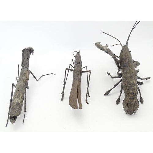 Three late 20thC wrought metal models of insects / crustacean