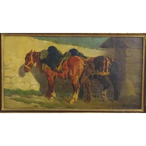 1733 - Early 20th century, Continental School, Oil on canvas, Horses at rest. Signed with initials J. V. lo... 