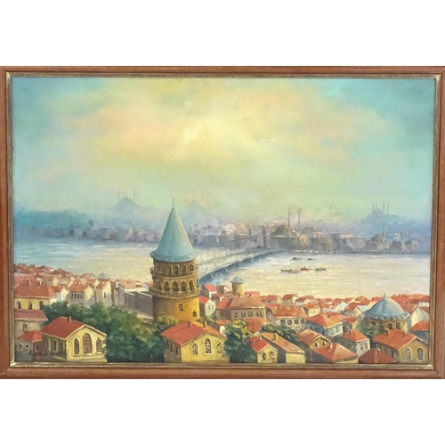 1742 - 20th century, Oil on canvas, A view of the Galata bridge and tower over the river Bosphorus in Istan... 