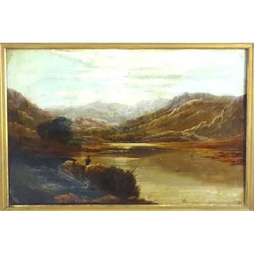 1743 - Late 19th / early 20th century, Oil on canvas, A Scottish loch scene with a man fishing and mountain... 