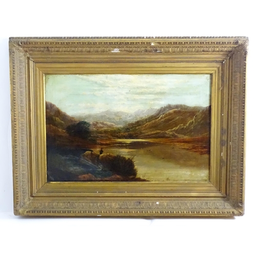 1743 - Late 19th / early 20th century, Oil on canvas, A Scottish loch scene with a man fishing and mountain... 