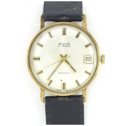 784 - A gents 9ct gold cased Avia 17 jewels incabloc wristwatch with date aperture at 3, hallmarked London... 