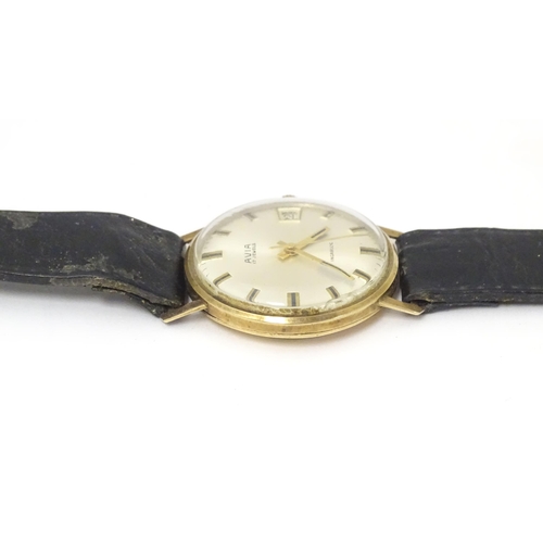 784 - A gents 9ct gold cased Avia 17 jewels incabloc wristwatch with date aperture at 3, hallmarked London... 