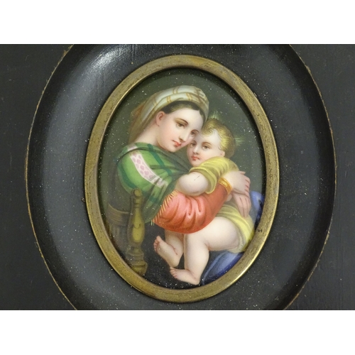 1134 - A Continental portrait miniature on porcelain depicting mother and child / Madonna della Seggiola af... 