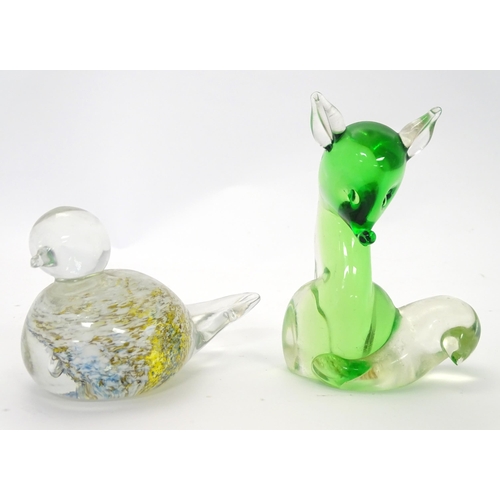 175A - An Art glass model of a bird together with a Murano style green glass model of a fox. The fox approx... 