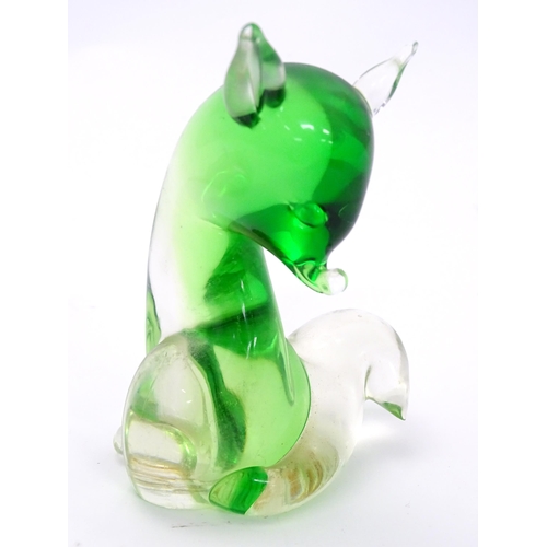 175A - An Art glass model of a bird together with a Murano style green glass model of a fox. The fox approx... 