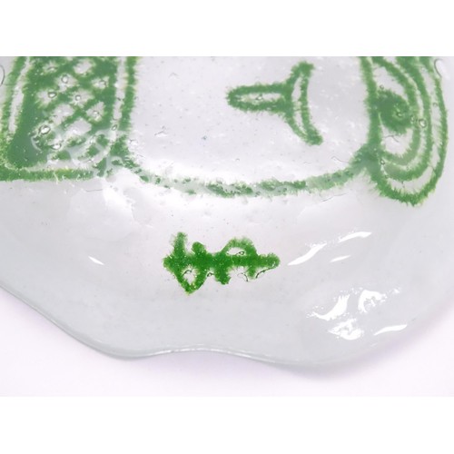 194 - An Art glass dish, the white ground with green abstract detail. Signed with monogram. Approx 4 1/2