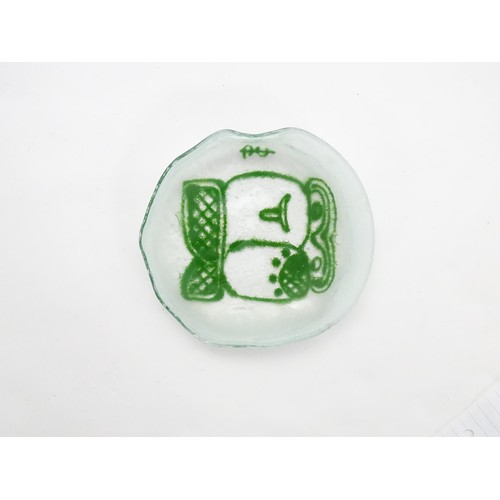 194 - An Art glass dish, the white ground with green abstract detail. Signed with monogram. Approx 4 1/2