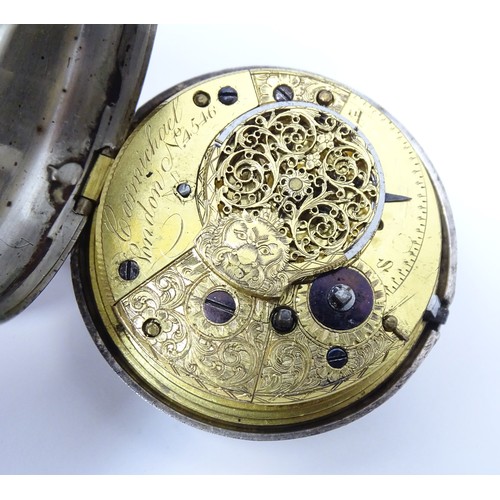 769 - A 19thC silver pair cased pocket watch, hallmarked Birmingham 1818, maker Samuel Packwood, the movem... 