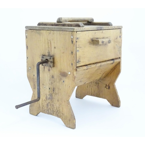 1081 - A 19thC pine butter churn, with iron crank handle rotating paddles to the interior. Standing approx ... 