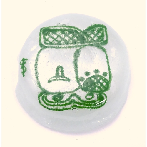 194 - An Art glass dish, the white ground with green abstract detail. Signed with monogram. Approx 4 1/2