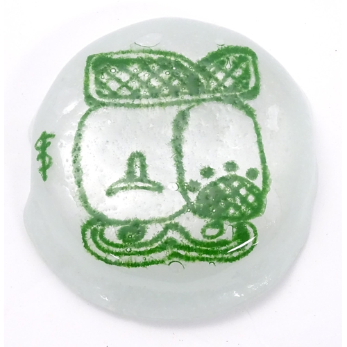 194 - An Art glass dish, the white ground with green abstract detail. Signed with monogram. Approx 4 1/2