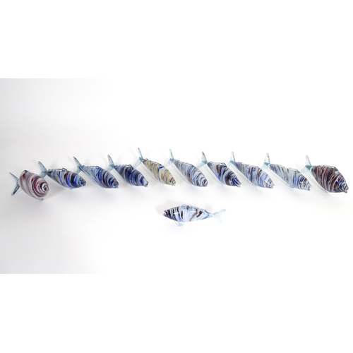 213 - Eleven assorted 20thC Romanian glass fish, each approx 12 1/4