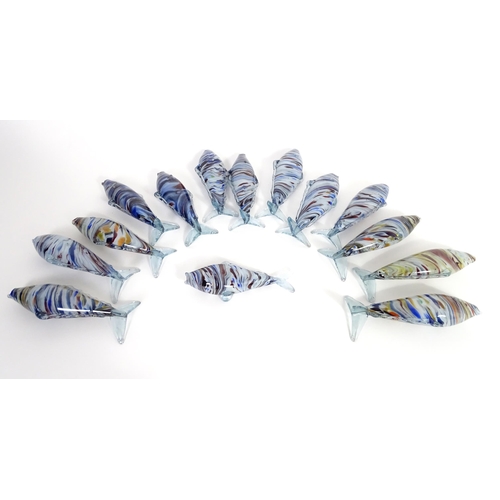 214 - Fourteen assorted 20thC Romanian glass fish, each approx 12 1/4