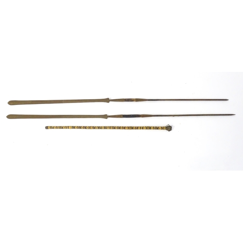 1048 - Ethnographic / Native / Tribal: Two African throwing spears, together with a bamboo walking stick wi... 