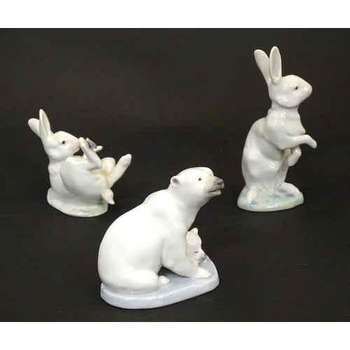 131 - Three Lladro models of animals comprising Hippity Hop rabbit, no. 5886; That Tickles rabbit, no. 588... 