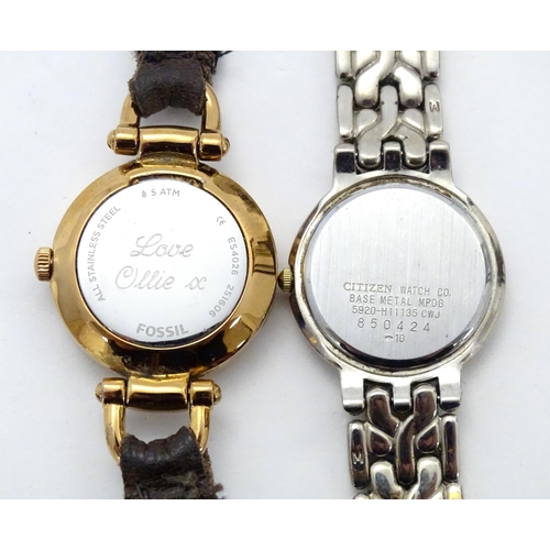 789 - A quantity of quartz movement wrist watches to include two by Citizen, one by Fossil, and a fob watc... 