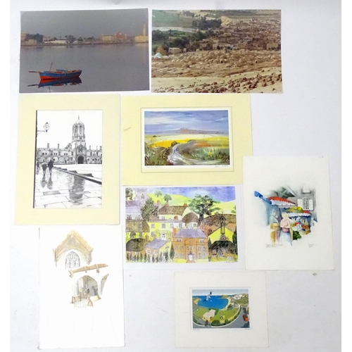 1936 - Assorted watercolours and prints to include a French market scene in Dordogne, signed Parkes, a chur... 