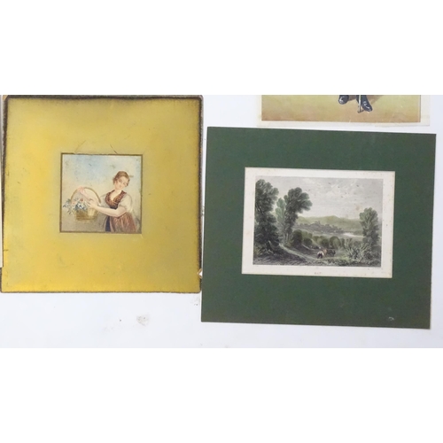 1940 - Assorted 19th century and later watercolours and engravings to include a lady holding a basket of fl... 