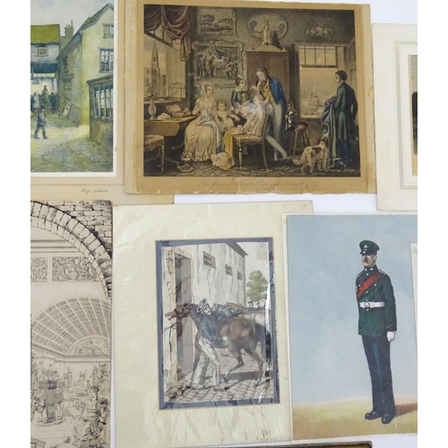 1940 - Assorted 19th century and later watercolours and engravings to include a lady holding a basket of fl... 