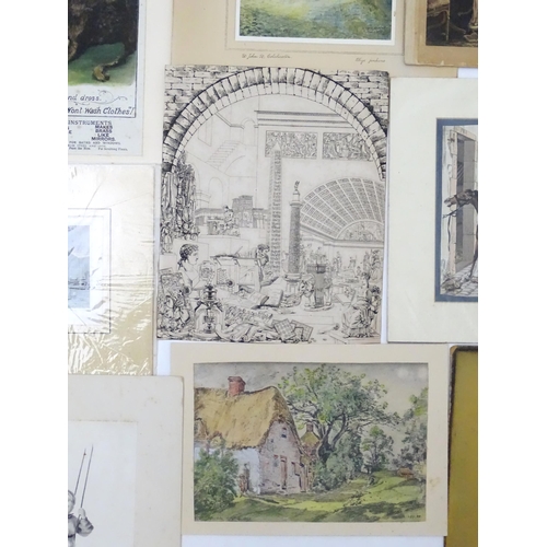 1940 - Assorted 19th century and later watercolours and engravings to include a lady holding a basket of fl... 