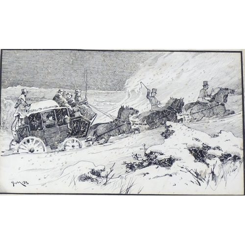 1943 - 20th century, Pen and ink, A winter coaching scene with a horse drawn carriage in snow. Signed with ... 