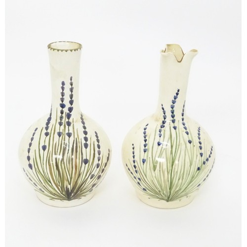 15 - Two French studio pottery vases with hand painted lavender detail. Marked under Beaumont du Perigord... 