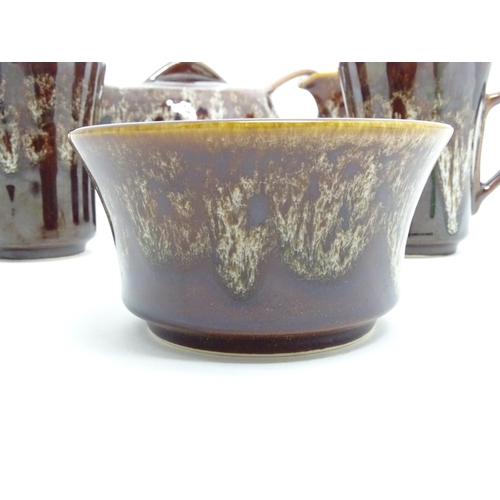 48 - Cornish studio pottery tea wares by Kernewek Pottery, comprising teapot, milk jug, sugar bowl and tw... 