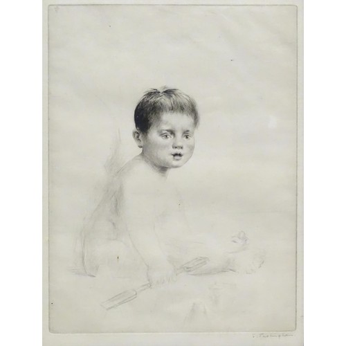 51 - An early 20thC etching by Sidney Tushingham (1884-1968) depicting a young child on a beach with buck... 