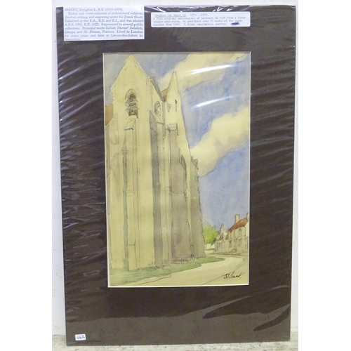 56 - A 20thC watercolour depicting a French church, possibly Larchant by Douglas Ion Smart. Signed lower ... 