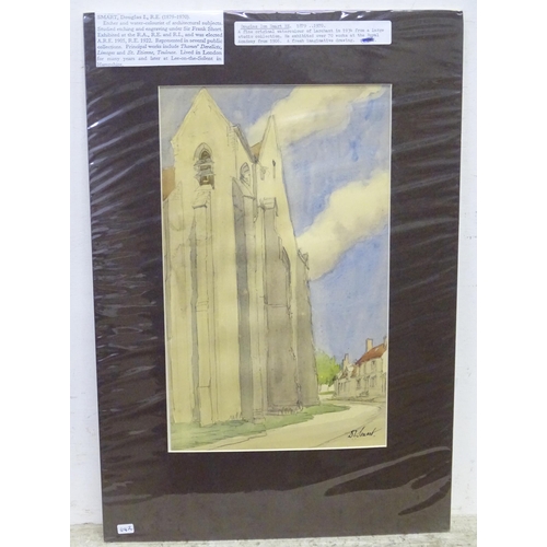 56 - A 20thC watercolour depicting a French church, possibly Larchant by Douglas Ion Smart. Signed lower ... 