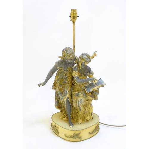 73 - A mid 20thC table lamp, of metal construction and decorated with two singing maidens standing on a s... 