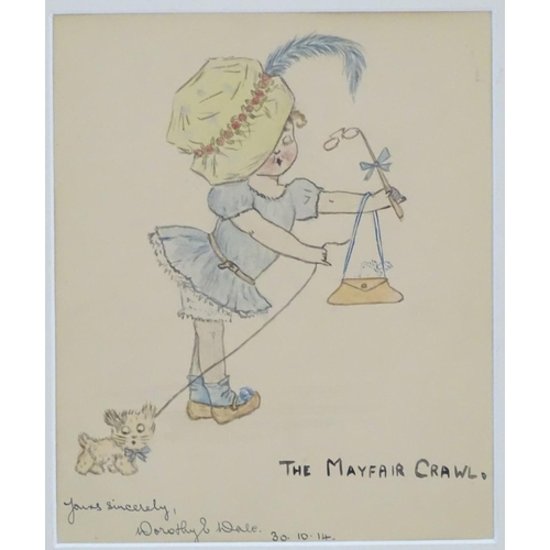 102 - Two early 20th century watercolours comprising a cartoon illustration of a young girl wearing a hat ... 