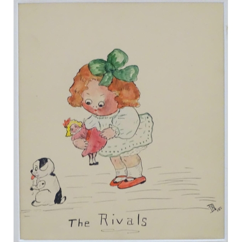 102 - Two early 20th century watercolours comprising a cartoon illustration of a young girl wearing a hat ... 