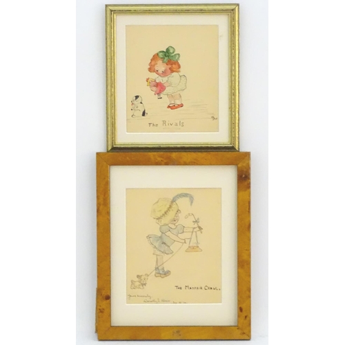 102 - Two early 20th century watercolours comprising a cartoon illustration of a young girl wearing a hat ... 