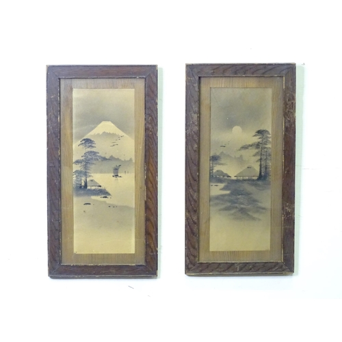 159 - Two Oriental landscape paintings, one with a view of Mount Fuji, sailing boats, etc. Approx. 11 1/2