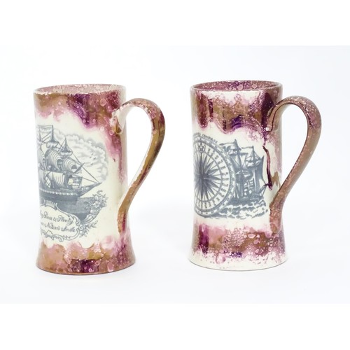 38 - A pair of Sunderland lustre style tankards with ship decoration. Approx.  6 3/4