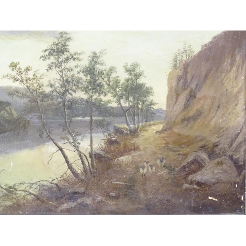 223 - A 19thC Scottish oil on board depicting a loch scene with sheep, titled verso Craig Angus lane on Lo... 